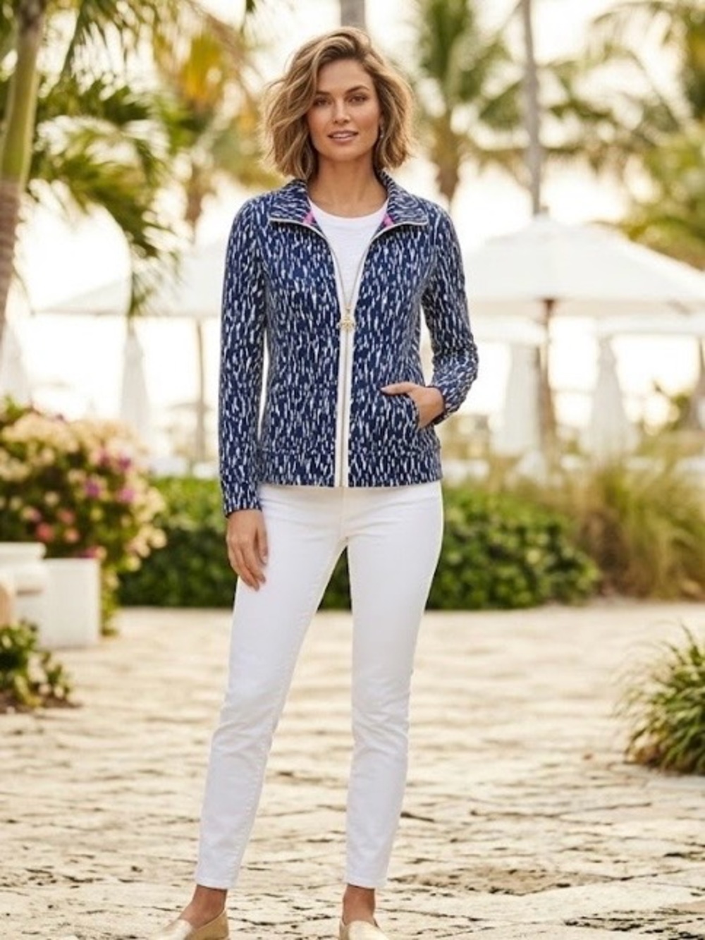 Lilly Pulitzer Navy and White Printed Zip Bomber Jacket 857